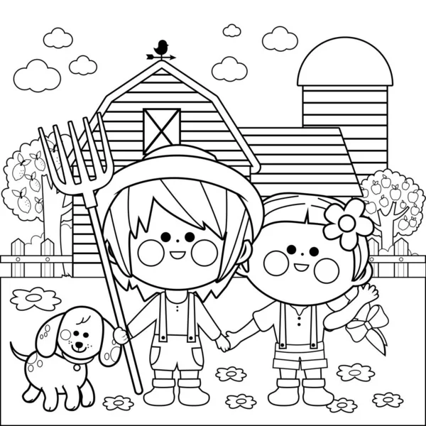 Niños Granja Vector Blanco Negro Para Colorear Página — Vector de stock