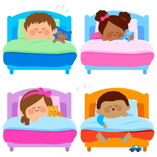 Vector Illustratie Collectie Van Kinderen Slapen Hun Bedden — Stockvector