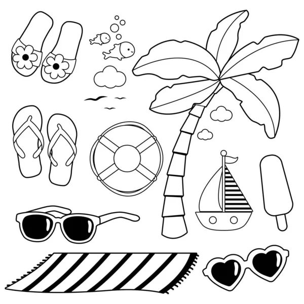 Beach Summer Vacation Design Elements Vector Black White Coloring Page — Stock Vector