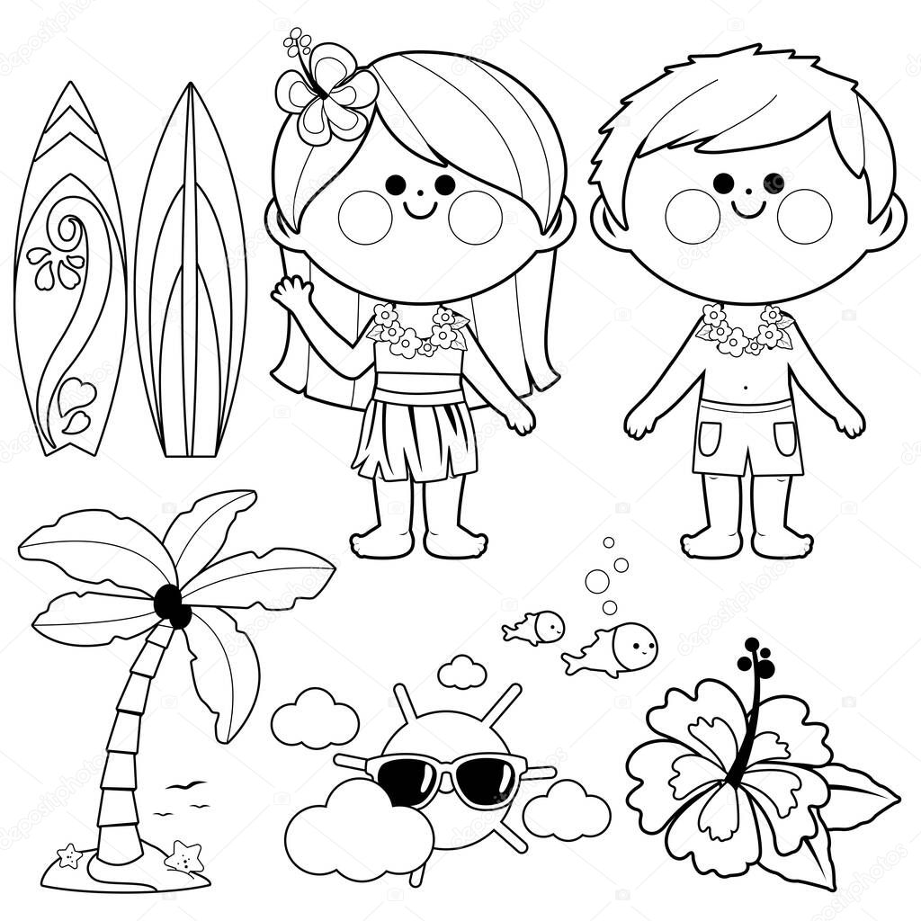Hawaii vacation children. Beach summer vacation design elements. Vector black and white coloring page 