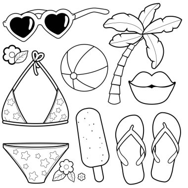 Yaz adası plaj seti. Denizde, okyanusta ya da havuzda yüzmek. Plaj yaz tatili eşyaları. Vektör siyah ve beyaz renk sayfası