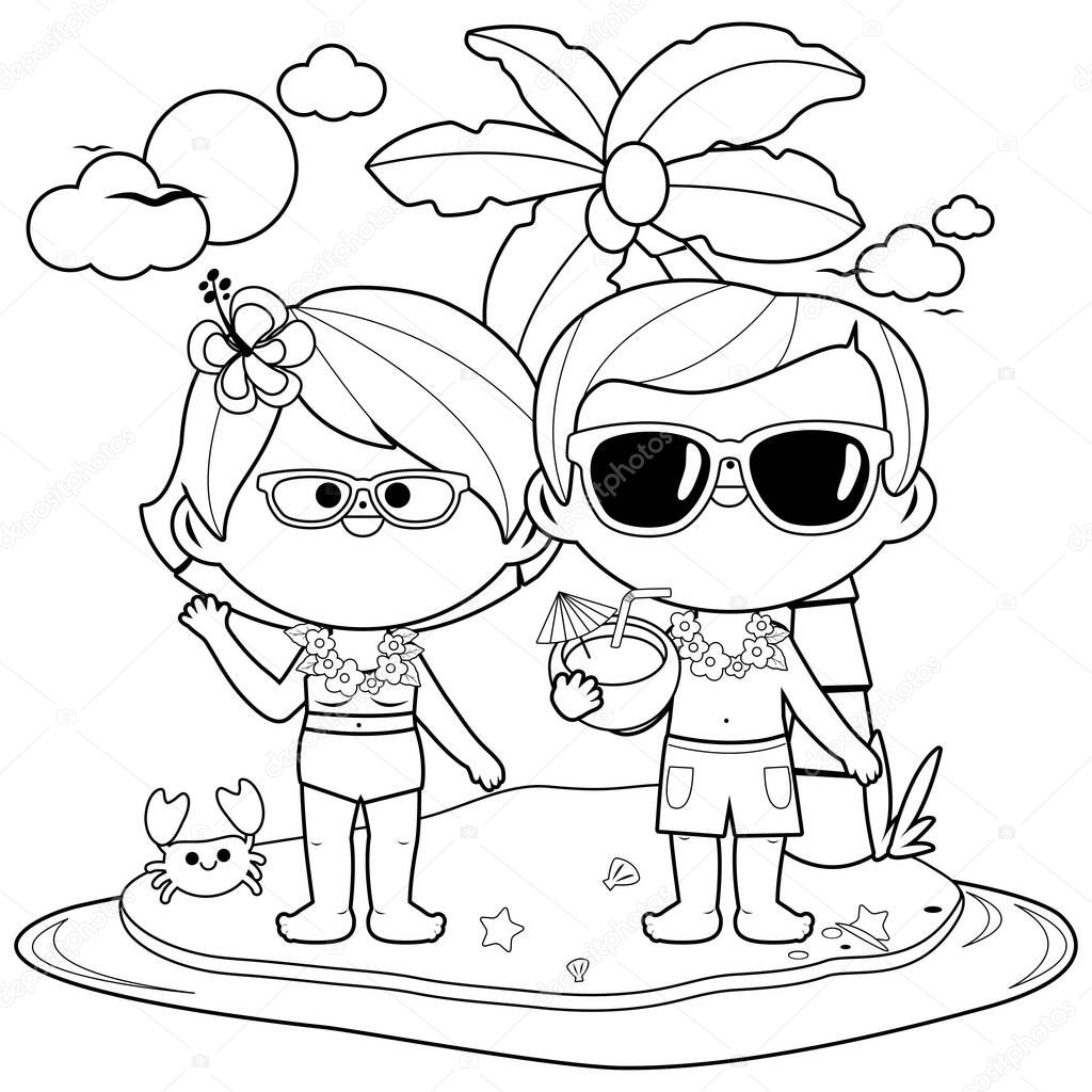 Senior couple on an island vacation. Vector black and white coloring page 