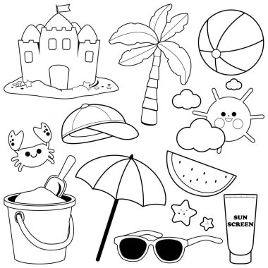 Yaz temalı plaj tatili tasarım elementleri. Vektör siyah ve beyaz renk sayfası 