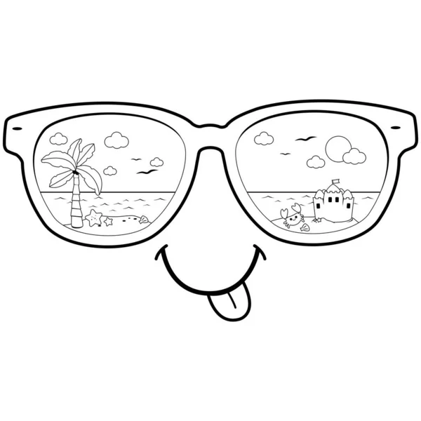 Scène Plage Été Reflétée Dans Les Lunettes Soleil Coloriage Vectoriel — Image vectorielle