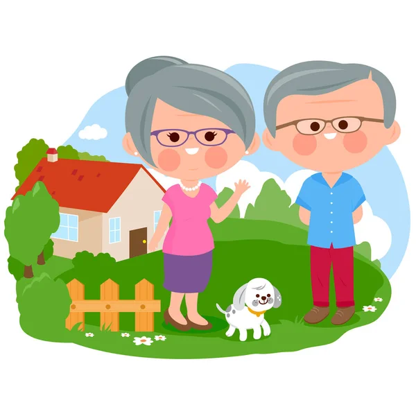 Boldog Nyugdíjas Pár Áll Házuk Előtt Vektorillusztráció — Stock Vector