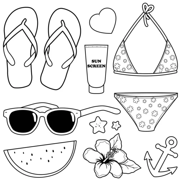 Beach Summer Vacation Design Elements Black White Coloring Page — Stock Vector