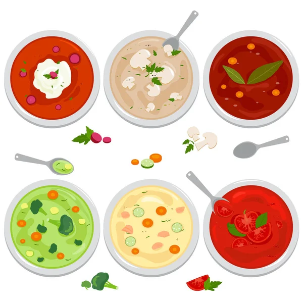 野菜とスープのベクトルセット キノコ ロシアのボルシチスープ トマトと白い背景にレンズ豆のスープ トップ表示 — ストックベクタ