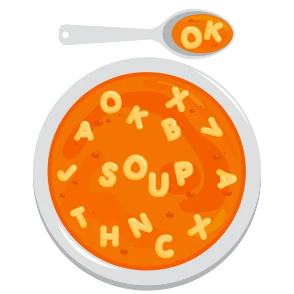 Draufsicht Auf Eine Schüssel Mit Alphabet Nudelsuppe Und Löffel Vektorillustration — Stockvektor