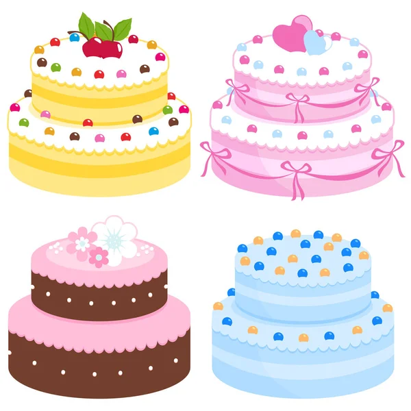Vector Illustration Collection Different Types Sweet Baked Cake Decorated Candy — Stock Vector