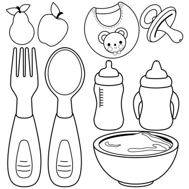 Bebek mamaları seti. Bebekler için kaşık ve çatal, süt şişeli sofra takımı. Katı yiyecek yiyen bebek ve bebek için bulaşık takımı ve önlük. Vektör siyah ve beyaz renk sayfası.