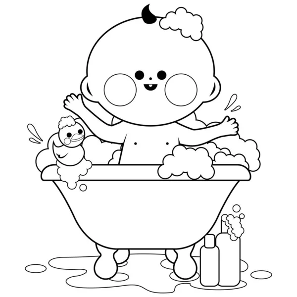 Słodkie Dziecko Wannie Biorąc Kąpiel Bańki Bawiąc Się Gumową Zabawką — Wektor stockowy