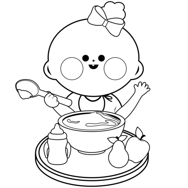 Baby Girl Eating Table Black White Coloring Book Page — Stock Vector