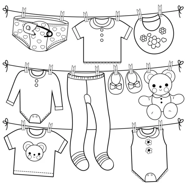 赤ちゃんの服の服をラインにぶら下がっている ベクトル黒と白の着色ページ — ストックベクタ