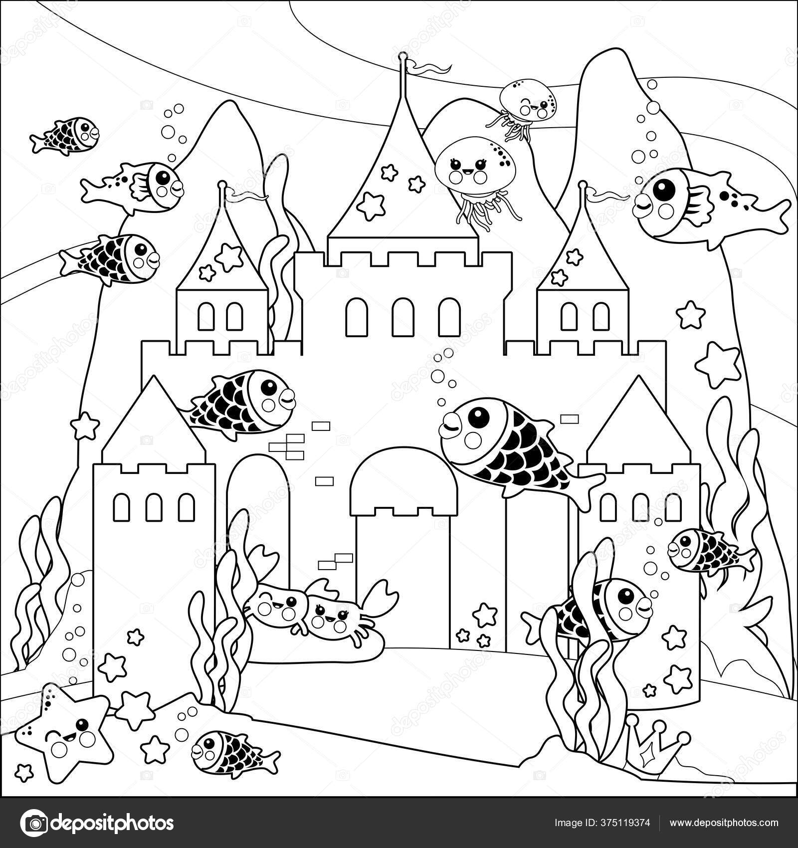 美丽的魔法城堡还有海底可爱的鱼海底的塔楼相当的五彩缤纷里面有海生动物水母和螃蟹矢量黑白着色页图库矢量图©stockakia 375119374, image size:1600x1700