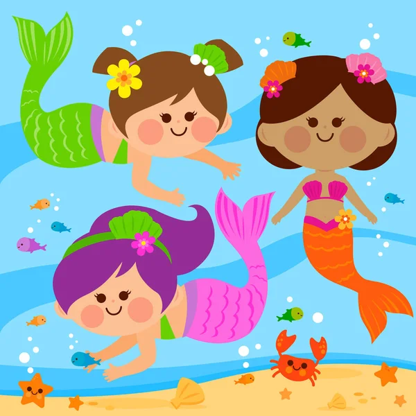 Beautiful Mermaids Swimming Underwater Vector Illustration — Stock Vector
