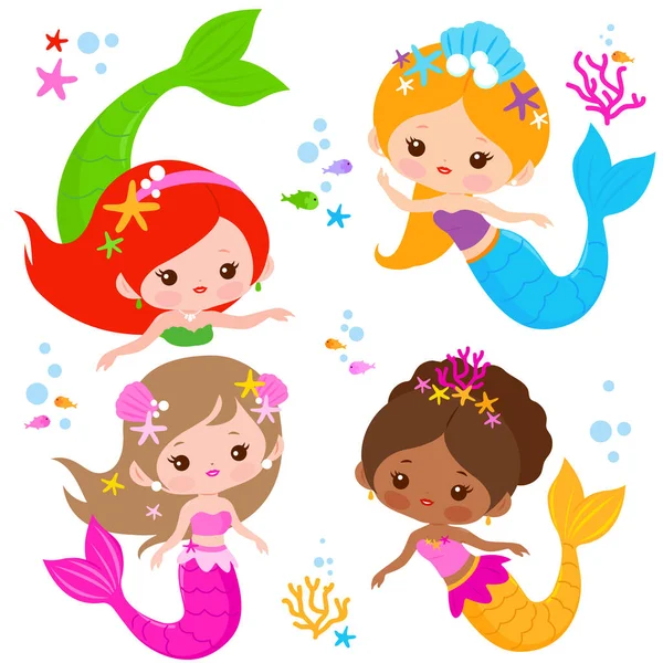 Beautiful Mermaids Collection Vector Illustration — Stock Vector