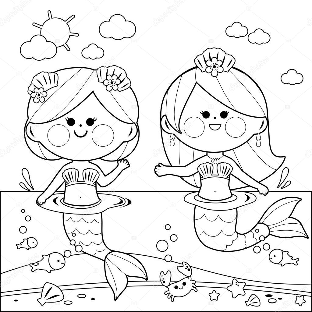Beautiful mermaids swimming in the water. Vector black and white coloring page