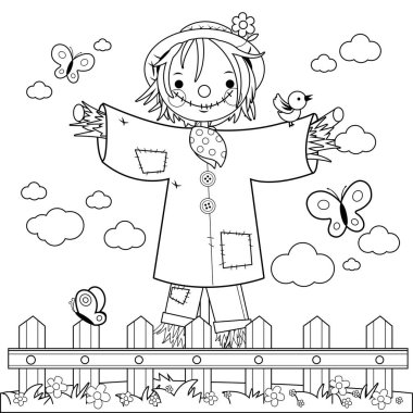 Tahta bir çitin arkasındaki tarlada korkuluk. Kuşlar ve kelebeklerle dolu tarlada sevimli bir korkuluk. Vektör siyah ve beyaz renk sayfası.