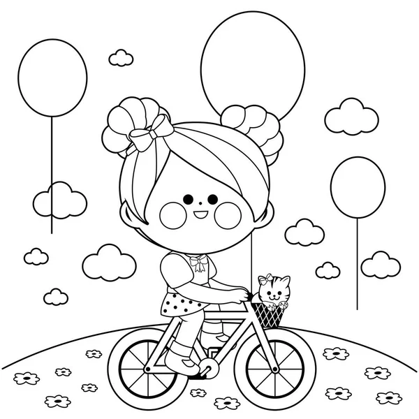 Chica Montando Bicicleta Parque Página Para Colorear Blanco Negro — Vector de stock