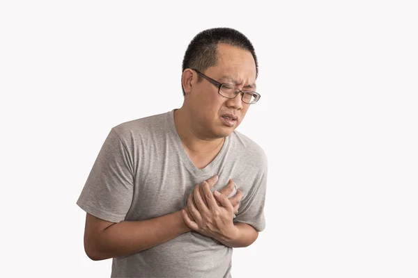 Asian man having heart attack. Feel bad on chest pain. — Stock Photo, Image