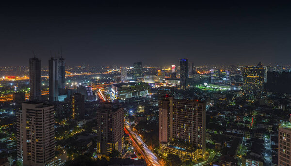 Bangkok, Thailand - Feb 13, 2018 Cityscape at night of Bangkok. Wide image of city at night. High view image for cityscape.Aerial view of city at night.