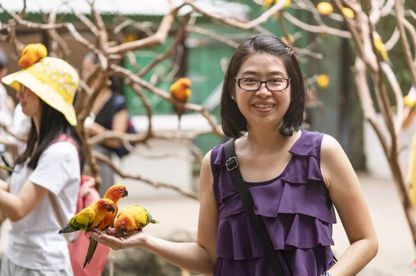 在大鸟笼里的亚洲女游客 在动物园的快乐时光 喂着可爱的小鹦鹉 阳光仙境 阳光仙女吃着女游客手中的食物 中年妇女笑着 戴着眼镜 — 图库照片
