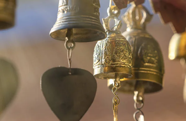 Small Brass Bells Hanging Temple Roof Close Shinning Beautiful Brass — Stock Photo, Image