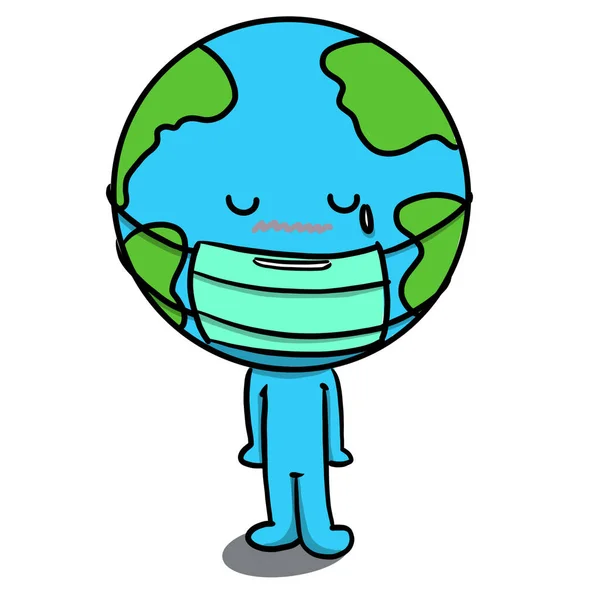 Изолированный Милый Мультяшный Персонаж Планеты Земля Медицинской Маске Белом Фоне — стоковое фото