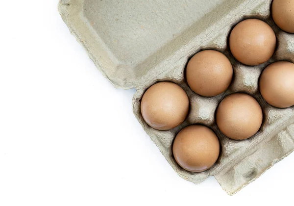 Close Brown Chicken Egg Paper Box Container Isolated Top View — Stock Photo, Image