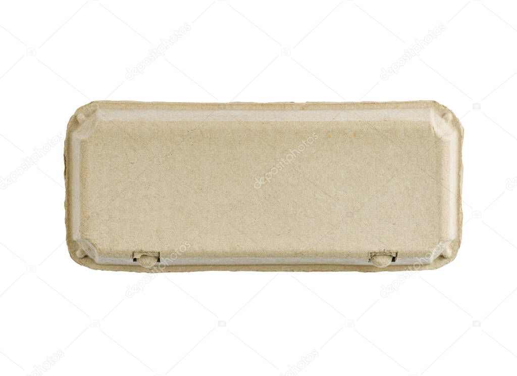 Isolated egg paper box or paper container on white background, top view egg paper package with blank space on its cover for text or label branding.