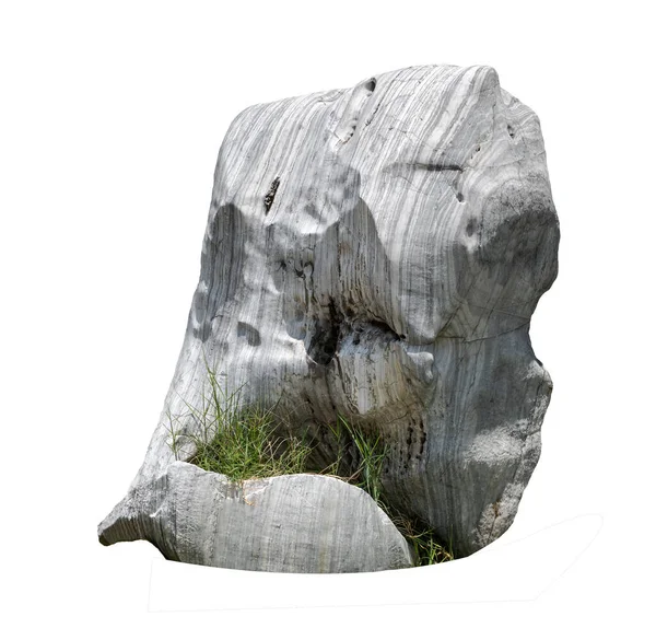 庭の装飾のための大きな灰色の石 表面に自然な灰色の線のパターンを持つ大きな石 いくつかの亀裂や穴 白い背景に孤立したイメージ — ストック写真