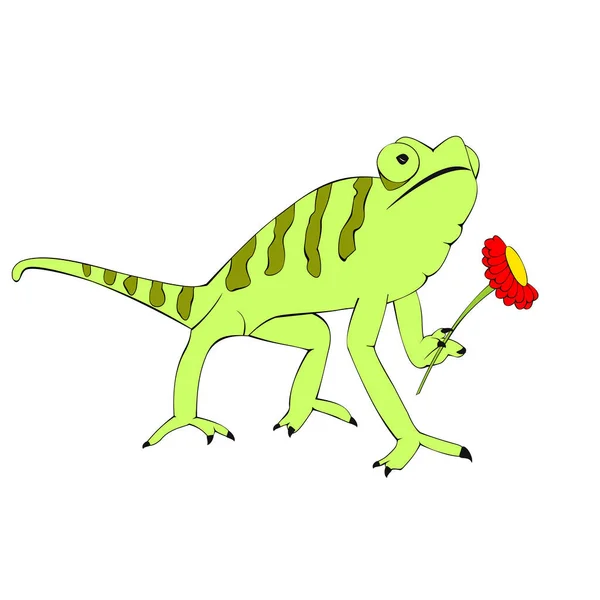 Iguana verde amorosa con flor roja — Vector de stock