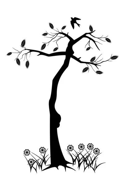 Дерево с листьями, птицей и цветами — стоковый вектор