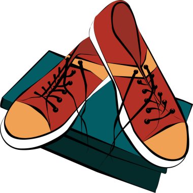 Çizim koyu kırmızı bir çift ayakkabı kutusunun üzerinde yer alan spor