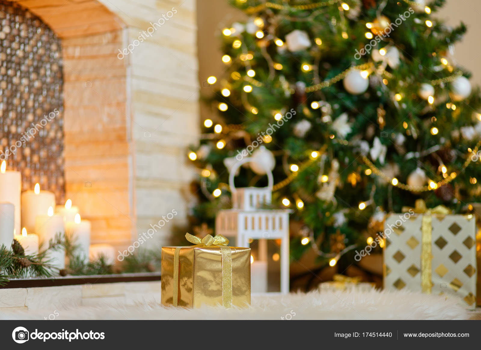 Postcard Christmas Decor Fireplaces And Candles Stock Photo