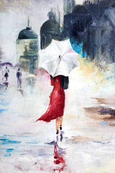 Hand drawn picture of woman with umbrella walking in the street — Stock Photo, Image