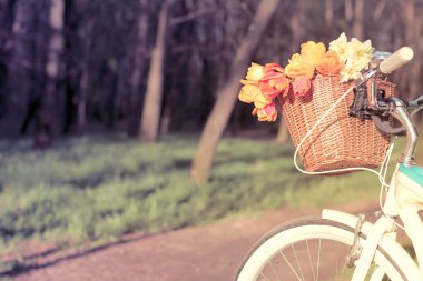Retro tarzı çiçeklerle bir bisiklet üzerinde yürümek