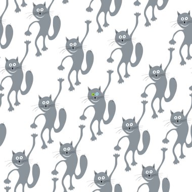 Birçoğu aynı neşeli kedilere sahip vektörsüz bir model. Bunlardan biri beyaz arka plandaki her şeyi sevmemiş. Diğerlerinden farklı.