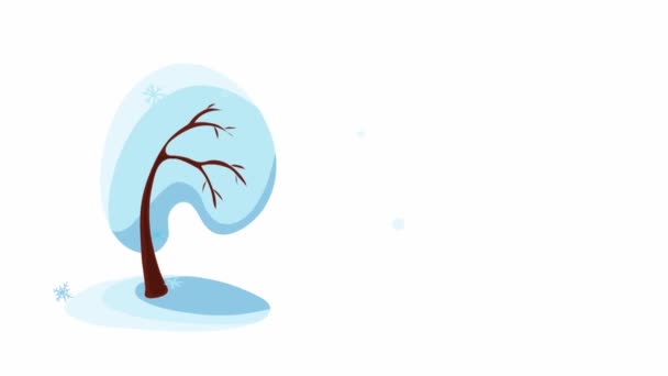 Графическая Анимация Качающаяся Ветра Заснеженное Дерево Летающими Снежинками Белом Фоне — стоковое видео