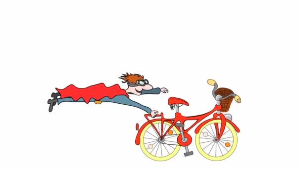 Animation Graphique Avec Homme Dans Imperméable Rouge Volant Tenant Vélo — Video