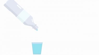 Grafik animasyon, su şişeden yaklaşan cama dökülüyor, kusursuz döngü ve alfa etkisi ile. gerekli sıvı girişi 