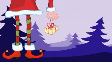 Grafik animasyonlu video görüntüleri. Kış manzarasının arka planında çizgili tayt içinde elinde ve bacaklarında sallanan bir hediye. Muhteşem bir Noel bekliyor