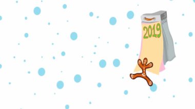 Grafik animasyonlu video görüntüleri 2019 numaralı takvim kağıdı ve beyaz arka planda kızıl bir adam uçup gidiyor. Mutlu hücum 2020
