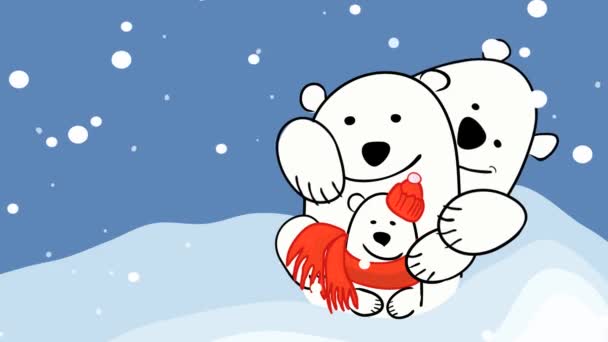 视频画面与动画快乐的家庭三只北极熊在一个冬季景观 下起雪来暖和些 — 图库视频影像
