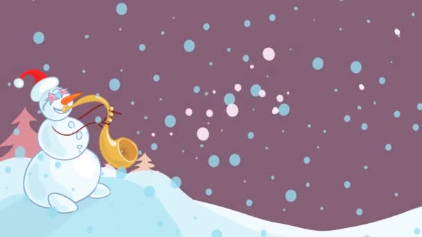 vidéo avec animation graphique, bonhomme de neige drôle souffle boules de neige de la trompette en hiver. chute de neige musicale magique festive 