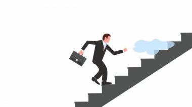 Elinde evrak çantası olan grafik animasyon yöneticisi uçan bulutların arka planına karşı merdivenlerden yukarı çıkıyor. Bitmeyen kariyer büyümesi