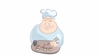 Grafik animasyon, aşçı şapkası takmış, beyaz arka planda yemek çubuklarıyla suşi yiyen komik şişko mutfak çalışanı. Bitmek bilmeyen iştah açıcı yemekler.