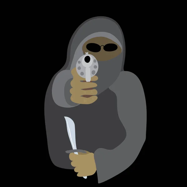 Vector Armed Knife Gun Thug Mask Black Background Dangerous Frightening — Stock Vector