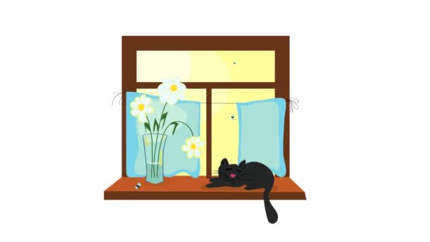 在阳光灿烂的一天 一只猫摇着尾巴躺在窗台上一束雏菊下的视频动画 暑假回家温暖的空气 — 图库视频影像