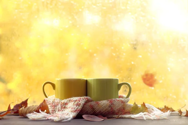 Zwei Tassen Rosa Schal Auf Einem Tisch Mit Blättern Gegen — Stockfoto